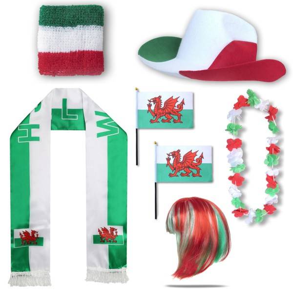 Sonia Originelli Fan-Paket "Wales" WM EM Fußball Schal Hawaiikette Hut Schweissband Fahne Perücke