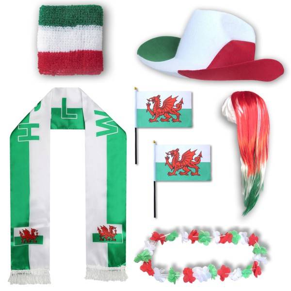 Sonia Originelli Fan-Paket "Wales" WM EM Fußball Schal Hawaiikette Hut Schweissband Fahne Perücke