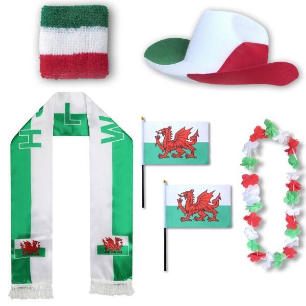 Sonia Originelli Fan-Paket "Wales" WM EM Fußball Schal Hawaiikette Hut Schweissband Fahne Flagge