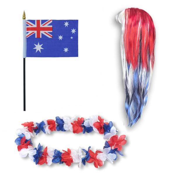 Sonia Originelli Fanset "Australien" Australia Blumenkette Fahne Flagge Perücke Langhaar