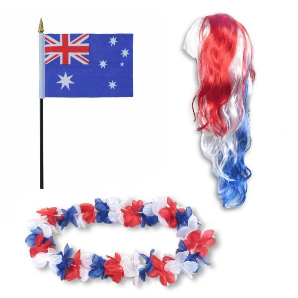 Sonia Originelli Fanset "Australien" Australia Blumenkette Fahne Flagge Perücke Langhaar-Locken