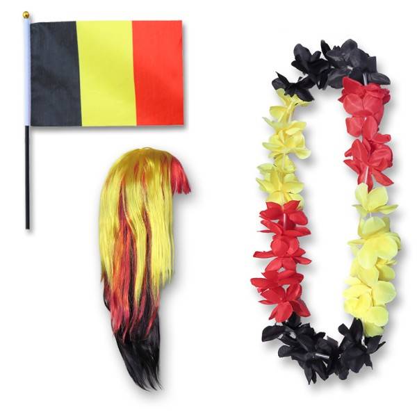 Sonia Originelli Fanset "Belgien" Belgium Blumenkette Fahne Flagge Perücke Langhaar