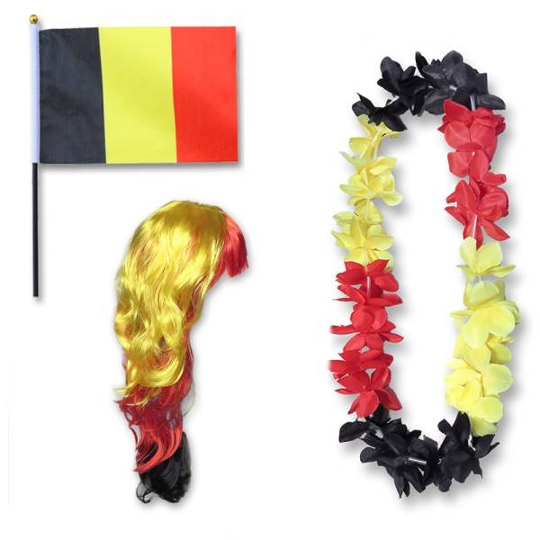 Sonia Originelli Fanset "Belgien" Belgium Blumenkette Fahne Flagge Perücke Langhaar-Locken