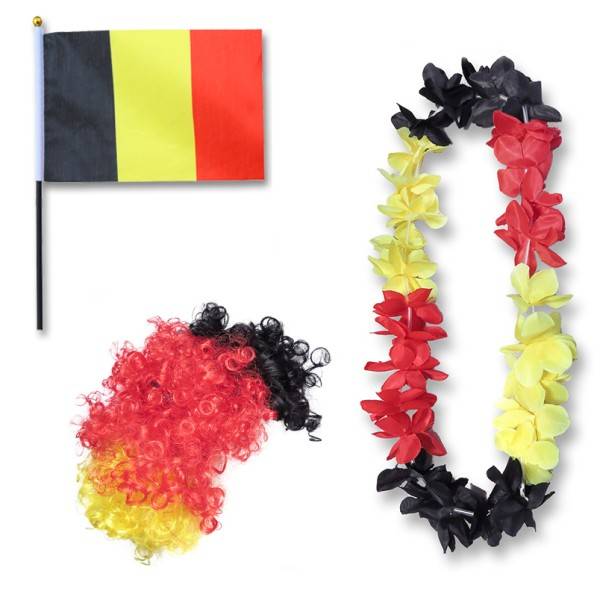 Sonia Originelli Fanset "Belgien" Belgium Blumenkette Fahne Flagge Perücke Wig kurze Locken
