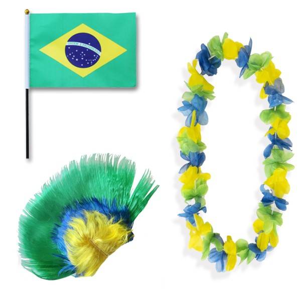 Sonia Originelli Fanset "Brasilien" Brazil Brasil Blumenkette Fahne Flagge Perücke Irokese