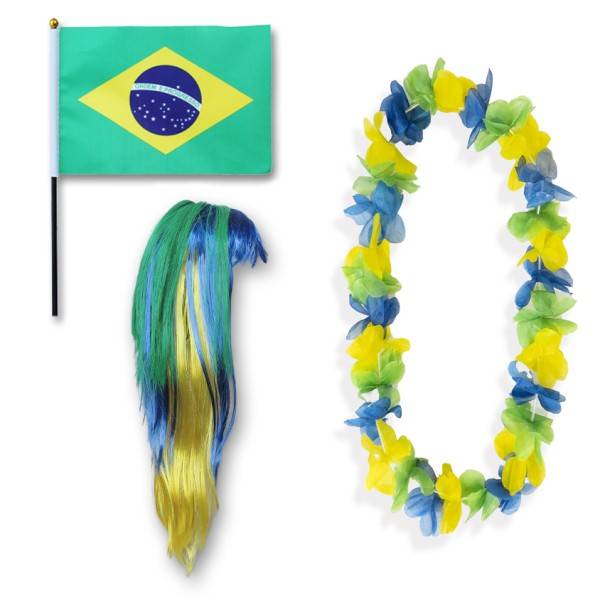 Sonia Originelli Fanset "Brasilien" Brazil Brasil Blumenkette Fahne Flagge Perücke Langhaar