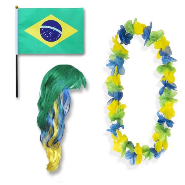 Sonia Originelli Fanset "Brasilien" Brazil Brasil Blumenkette Fahne Flagge Perücke Langhaar
