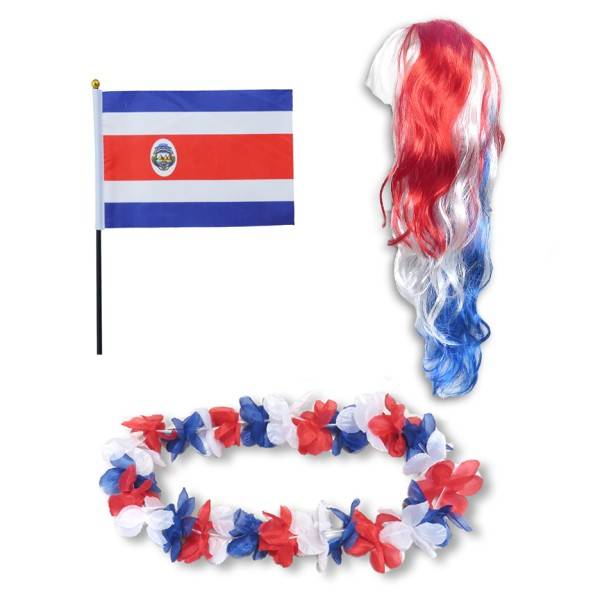 Sonia Originelli Fanset "Costa Rica" Blumenkette Fahne Flagge Perücke Langhaar-Locken