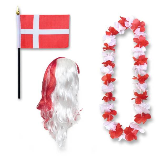 Sonia Originelli Fanset "Dänemark" Denmark Dansk Blumenkette Fahne Flagge Perücke Langhaar-Locken