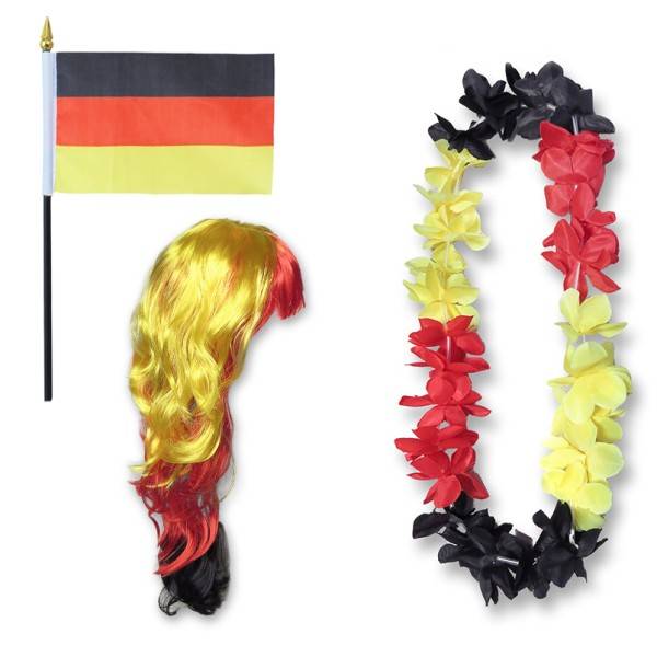 Sonia Originelli Fanset "Deutschland" Germany Blumenkette Fahne Flagge Perücke Langhaar-Locken