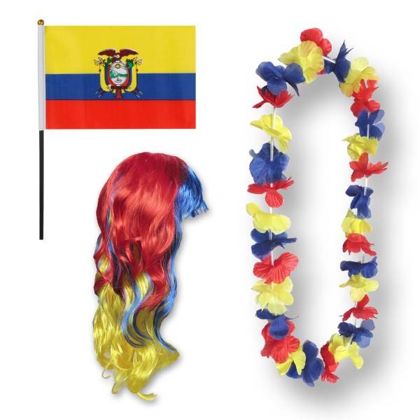 Sonia Originelli Fanset "Ecuador" Blumenkette Fahne Flagge Perücke Langhaar-Locken