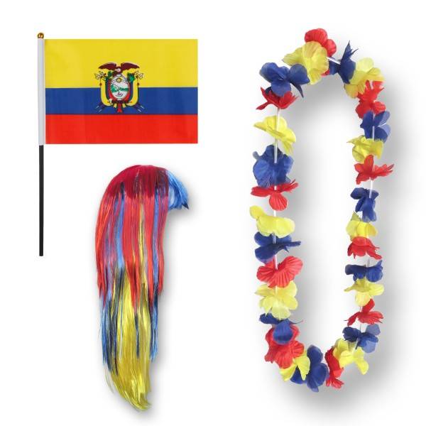 Sonia Originelli Fanset "Ecuador" Blumenkette Fahne Flagge Perücke Langhaar