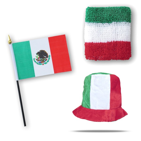 Sonia Originelli FANSET EM Fußball "Mexiko" Mexico Zylinder Hut Schweißband Mini Flagge