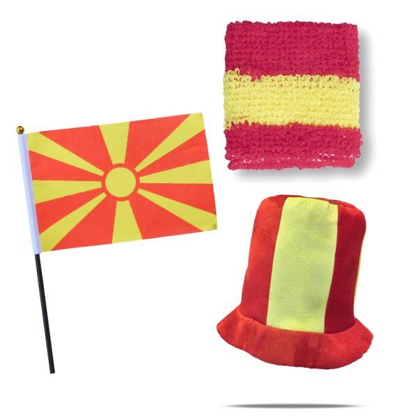 Sonia Originelli FANSET EM Fußball "Nordmazedonien" Zylinder Hut Schweißband Mini Flagge