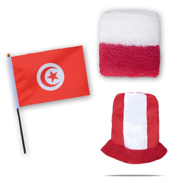 Sonia Originelli FANSET EM Fußball "Tunesien" Tunisia Zylinder Hut Schweißband Mini Flagge