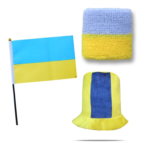 Sonia Originelli FANSET EM Fußball "Ukraine" Zylinder Hut Schweißband Mini Flagge