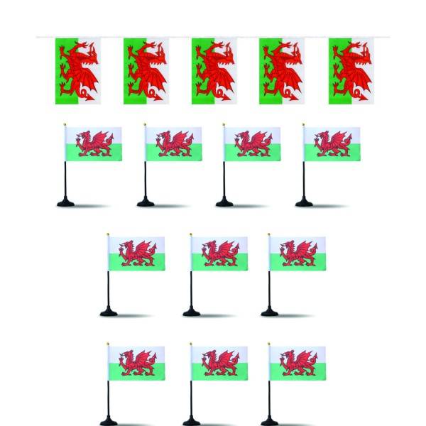 Sonia Originelli FANSET EM Fußball "Wales" Girlande Handflaggen Tischhalter