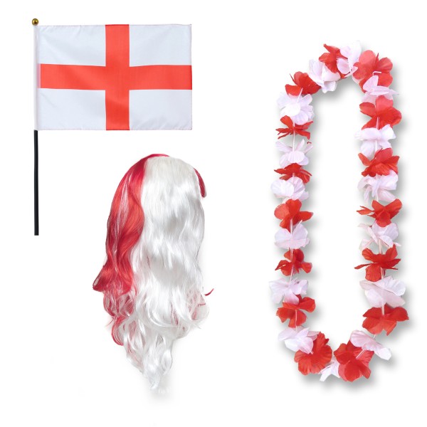 Sonia Originelli Fanset "England" Blumenkette Fahne Flagge Perücke Langhaar-Locken