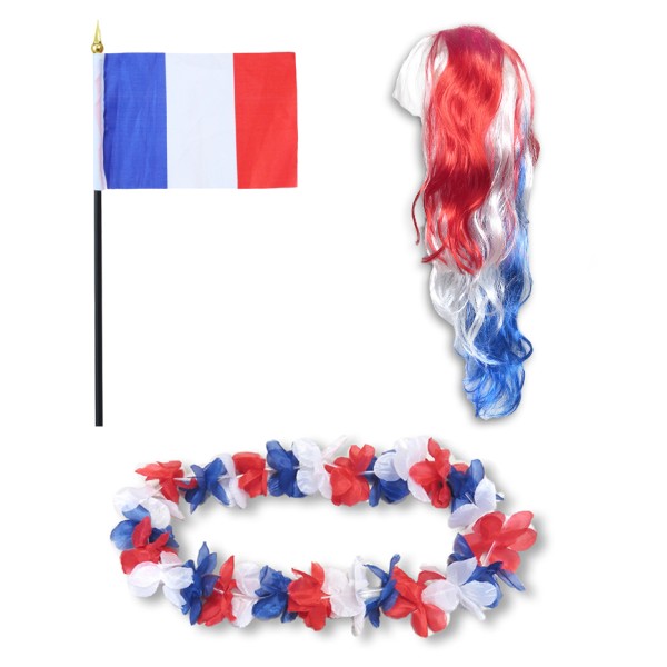 Sonia Originelli Fanset "Frankreich" France Blumenkette Fahne Flagge Perücke Langhaar-Locken