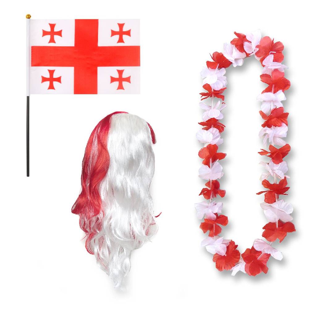 Sonia Originelli Fanset "Georgien" Blumenkette Fahne Flagge Perücke Langhaar-Locken