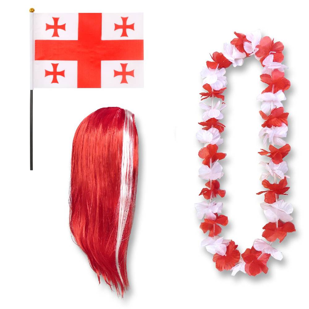 Sonia Originelli Fanset "Georgien" Blumenkette Fahne Flagge Perücke Langhaar