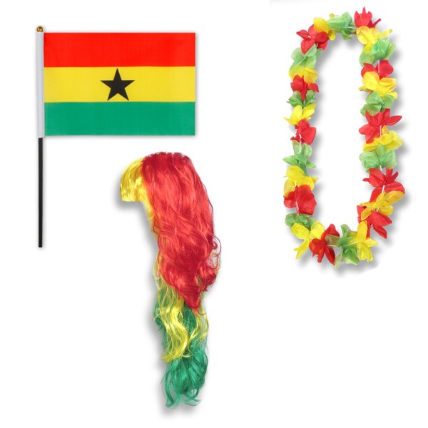 Sonia Originelli Fanset "Ghana" Blumenkette Fahne Flagge Perücke Langhaar-Locken