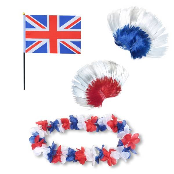 Sonia Originelli Fanset "Grossbritannien" GB UK Blumenkette Fahne Flagge Perücke Irokese