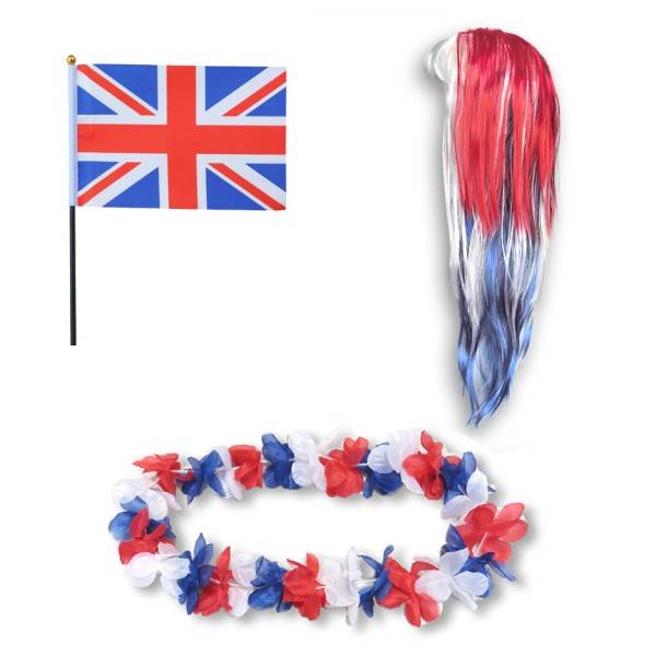 Sonia Originelli Fanset "Grossbritannien" GB UK Blumenkette Fahne Flagge Perücke Langhaar