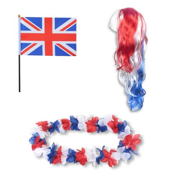 Sonia Originelli Fanset "Grossbritannien" GB UK Blumenkette Fahne Flagge Perücke Langhaar-Locken