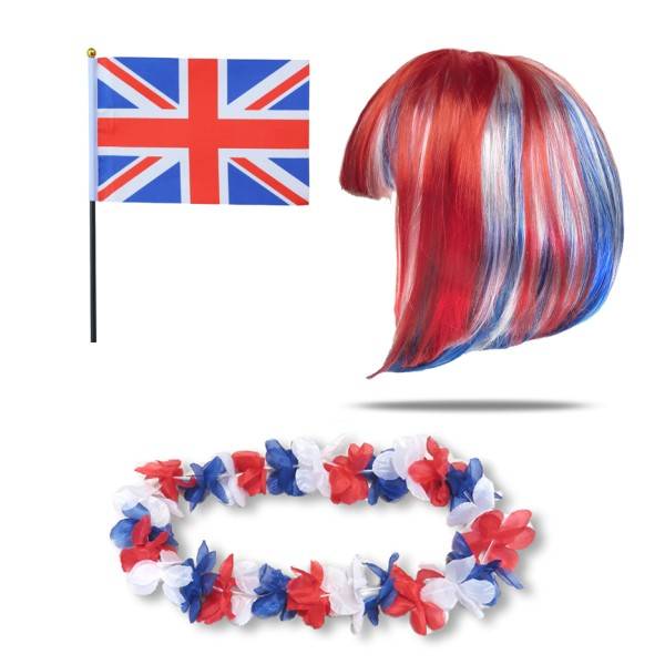 Sonia Originelli Fanset "Grossbritannien" GB UK Blumenkette Fahne Flagge Perücke Bob