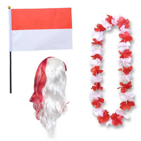 Sonia Originelli Fanset "Indonesien" Indonesia Blumenkette Fahne Flagge Perücke Langhaar-Locken