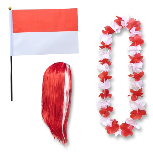 Sonia Originelli Fanset "Indonesien" Indonesia Blumenkette Fahne Flagge Perücke Langhaar