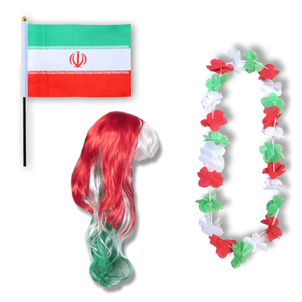 Sonia Originelli Fanset "Iran" Blumenkette Fahne Flagge Perücke Langhaar-Locken