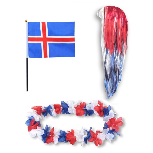 Sonia Originelli Fanset "Island" Iceland Blumenkette Fahne Flagge Perücke Langhaar