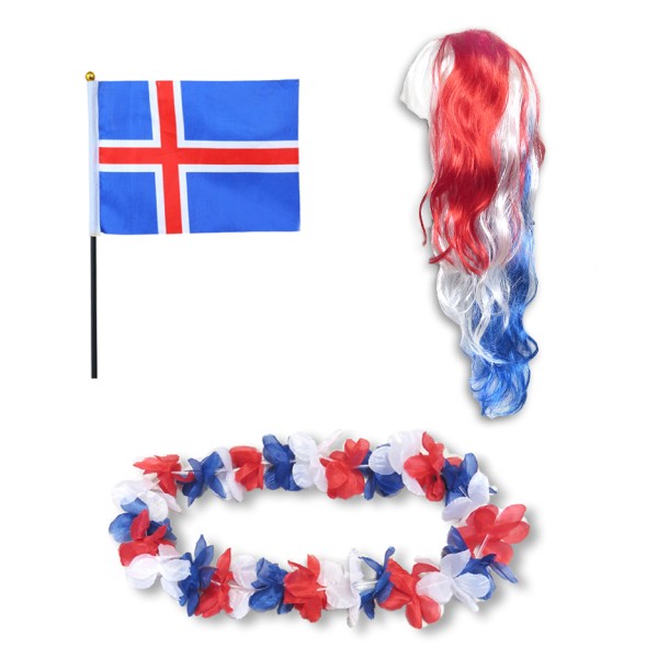 Sonia Originelli Fanset "Island" Iceland Blumenkette Fahne Flagge Perücke Langhaar-Locken