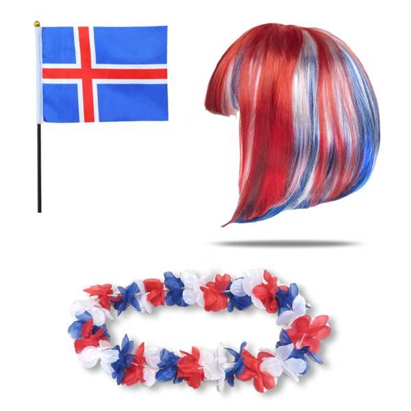 Sonia Originelli Fanset "Island" Iceland Blumenkette Fahne Flagge Perücke Bob
