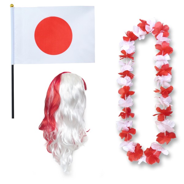 Sonia Originelli Fanset "Japan" Blumenkette Fahne Flagge Perücke Langhaar-Locken