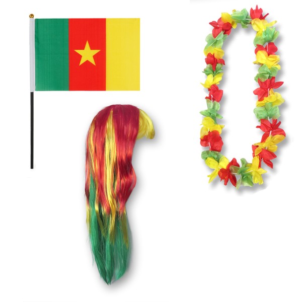 Sonia Originelli Fanset "Kamerun" Cameroon Blumenkette Fahne Flagge Perücke Langhaar