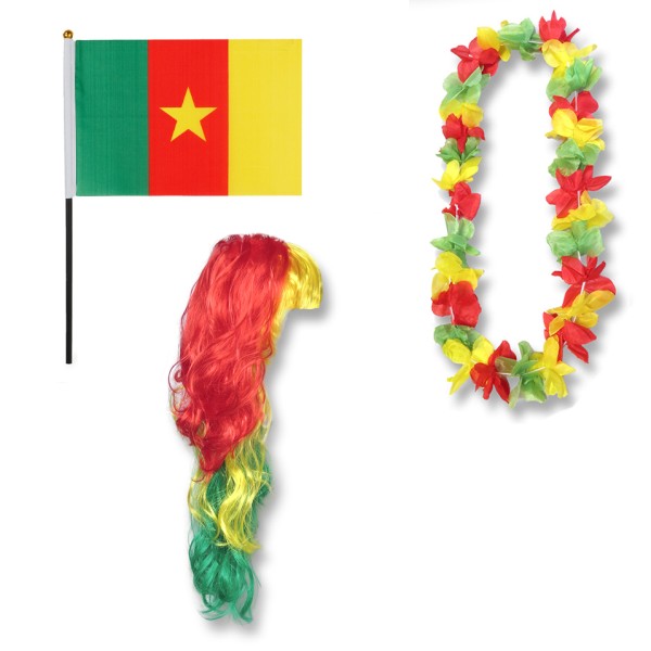 Sonia Originelli Fanset "Kamerun" Cameroon Blumenkette Fahne Flagge Perücke Langhaar-Locken