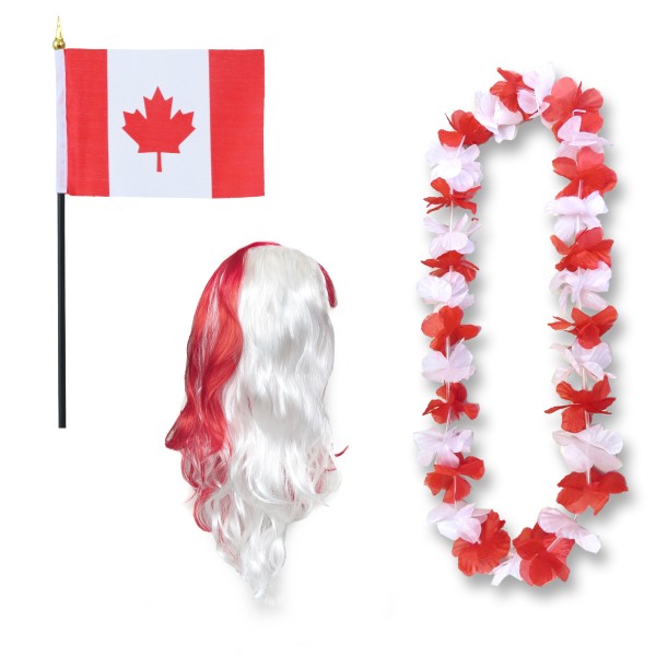 Sonia Originelli Fanset "Kanada" Canada Blumenkette Fahne Flagge Perücke Langhaar-Locken