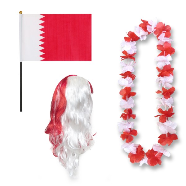Sonia Originelli Fanset "Katar" Qatar Blumenkette Fahne Flagge Perücke Langhaar-Locken