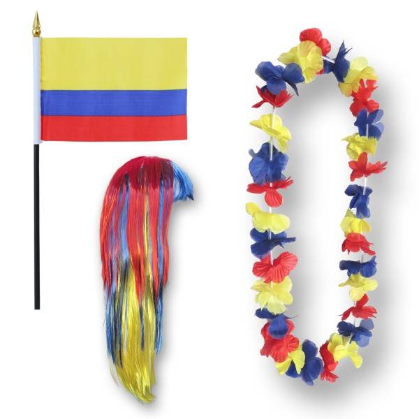 Sonia Originelli Fanset "Kolumbien" Colombia Blumenkette Fahne Flagge Perücke Langhaar