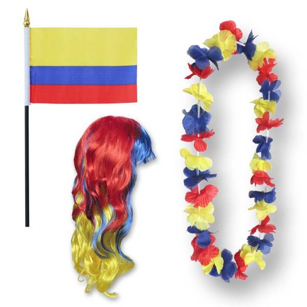 Sonia Originelli Fanset "Kolumbien" Colombia Blumenkette Fahne Flagge Perücke Langhaar-Locken