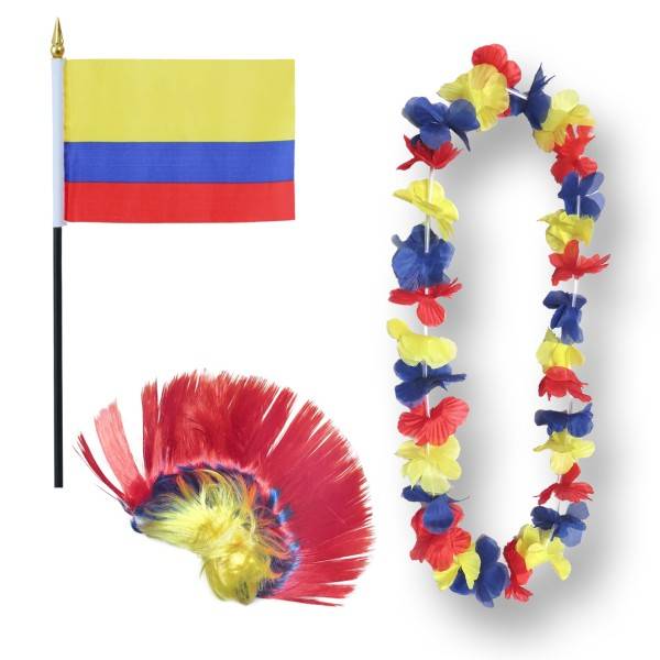 Sonia Originelli Fanset "Kolumbien" Colombia Blumenkette Fahne Flagge Perücke Irokese