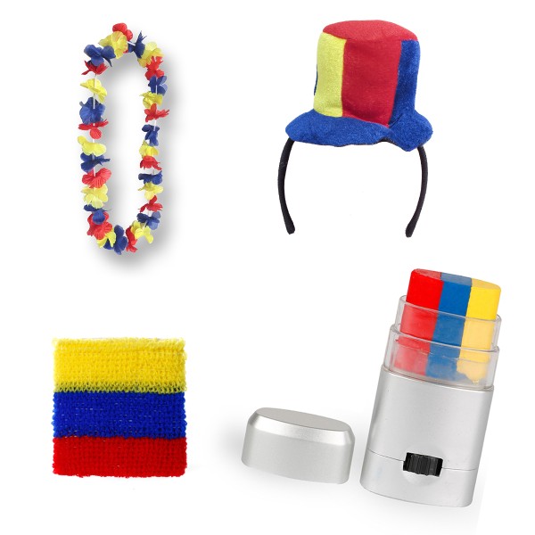 Sonia Originelli Fanset "Kolumbien" Colombia Mini Zylinder Haarreif Blumenkette Schminkstift Schweißband