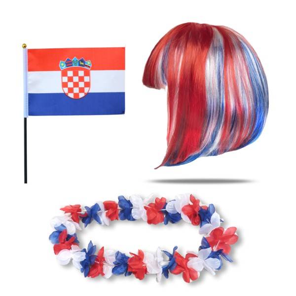 Sonia Originelli Fanset "Kroatien" Croatia Blumenkette Fahne Flagge Perücke Bob