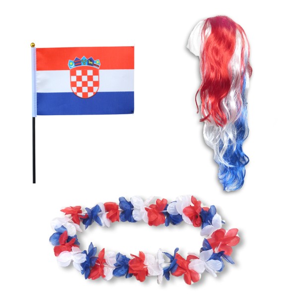 Sonia Originelli Fanset "Kroatien" Croatia Blumenkette Fahne Flagge Perücke Langhaar-Locken