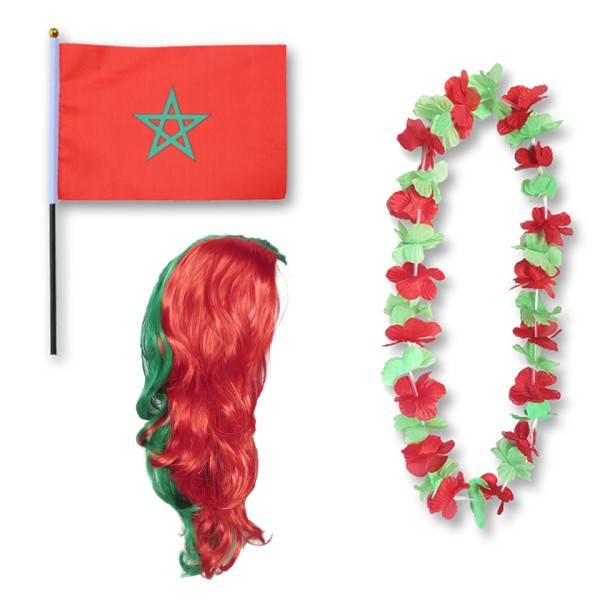 Sonia Originelli Fanset "Marokko" Morocco Blumenkette Fahne Flagge Perücke Langhaar-Locken