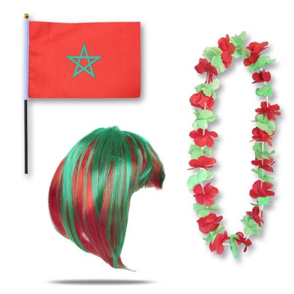 Sonia Originelli Fanset "Marokko" Morocco Blumenkette Fahne Flagge Perücke Bob