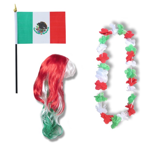 Sonia Originelli Fanset "Mexiko" Mexico Blumenkette Fahne Flagge Perücke Langhaar-Locken